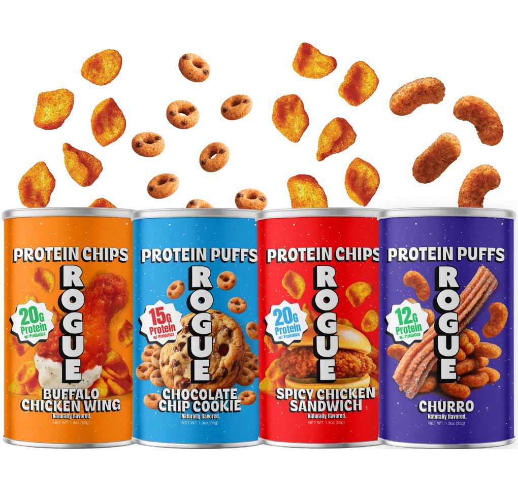 Rogue protein chips and puffs canisters
