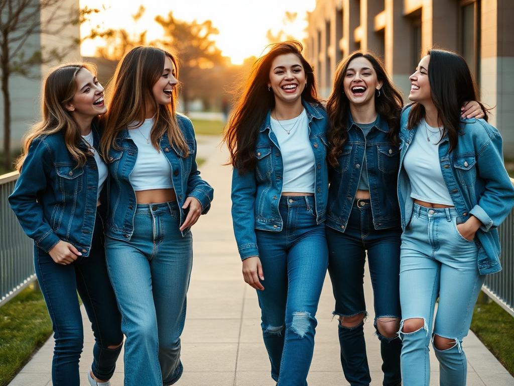 Group of college girls in denim on campus